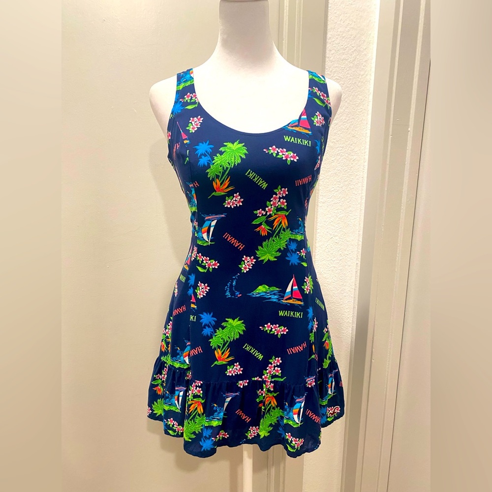 Hollister Waikiki Hawaii Navy Blue Hawaiian Floral Print Mini Tank Dress - S